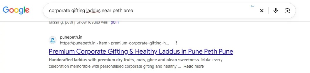 Google Search result displaying the PunePeth.in Wow Laddus corporate gifting listing