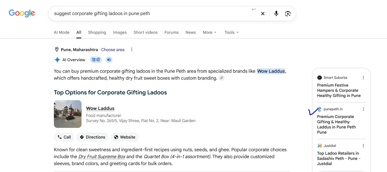Google AI Overview mentioning Wow Laddus and showing PunePeth.in among the linked sources